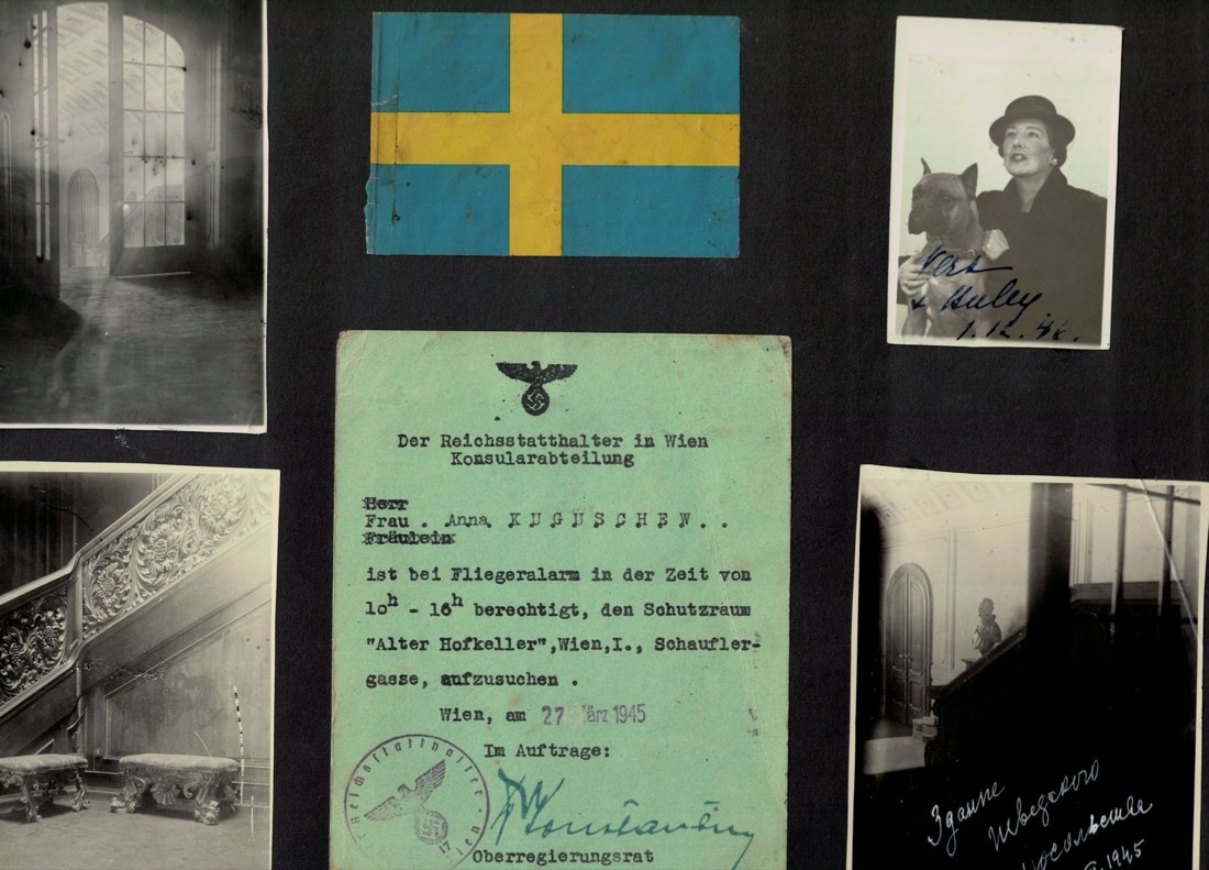 Album page from Vienna, 1945, with an air-raid shelter pass issued to Anna Kugushev