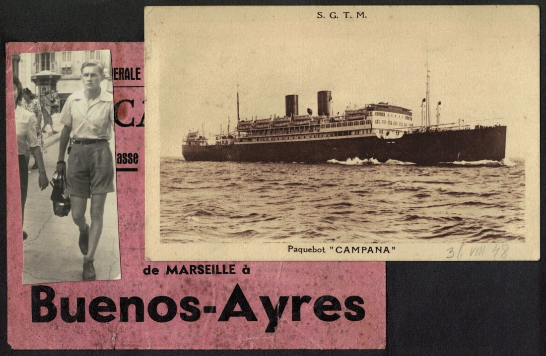 Album page: the liner Campana and a ticket from Marseille to Buenos Aires, 1948